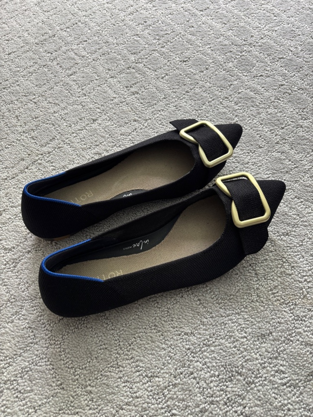 Rothy’s The Emblem Point II Black Flat with Gold Buckle - Picture 2 of 11